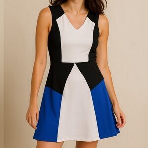 VENUS Colorblock A-Line Mini Dress Black White Blue Geometric Size 12